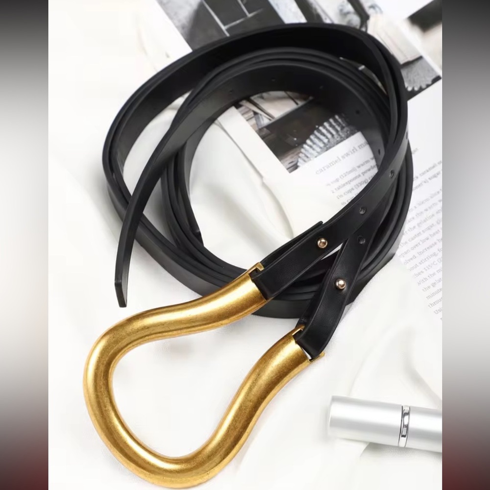 Black Vegan Leather Belt with Gold Tone Curved Buckle - Picture 7 of 10